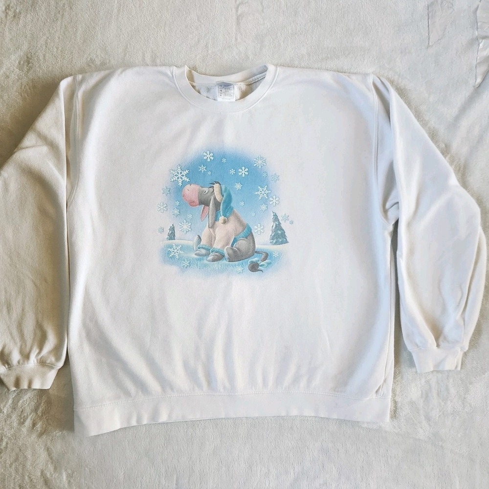 Vintage Disney Store Eeyore Snowflake Christmas‎ White Crewneck Sz XL Flaws